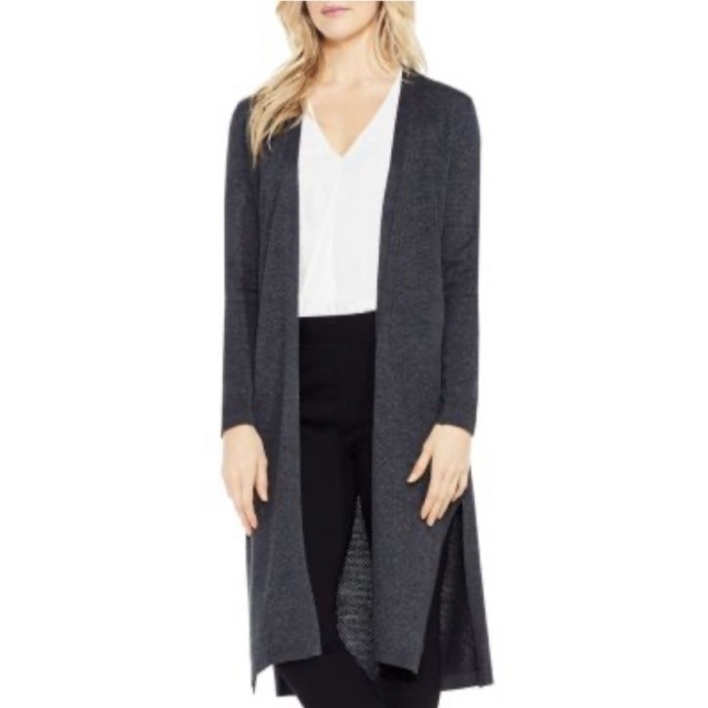 Vince Camuto Duster Cardigan Womens Small Gray Open Front Long Knit Sweater 0206